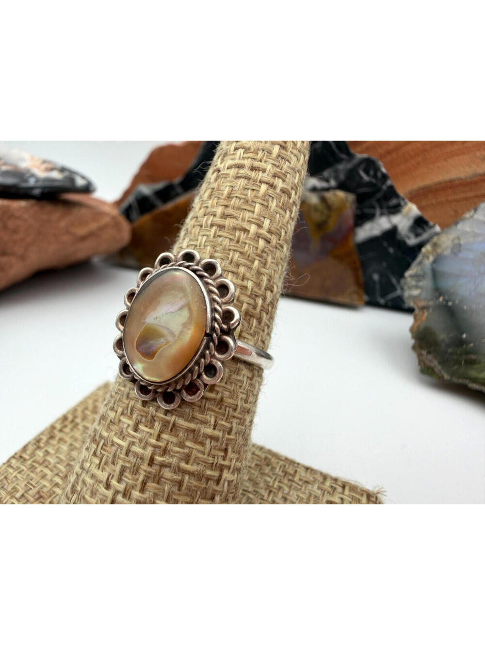Vintage Abalone Shell Scalloped Bezel Round Sterling Silver Ring Mexico Taxco